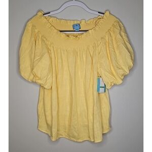 CeCe Yellow Peasant Boho Top Blouse Short Puff Sleeve Large NWT MSRP $79